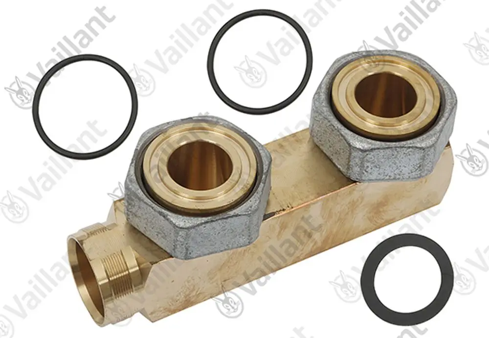 Vaillant Verteilerrohr aus Messing mit zwei Anschlüssen und O-Ringen, geeignet für Heizungsinstallationen.